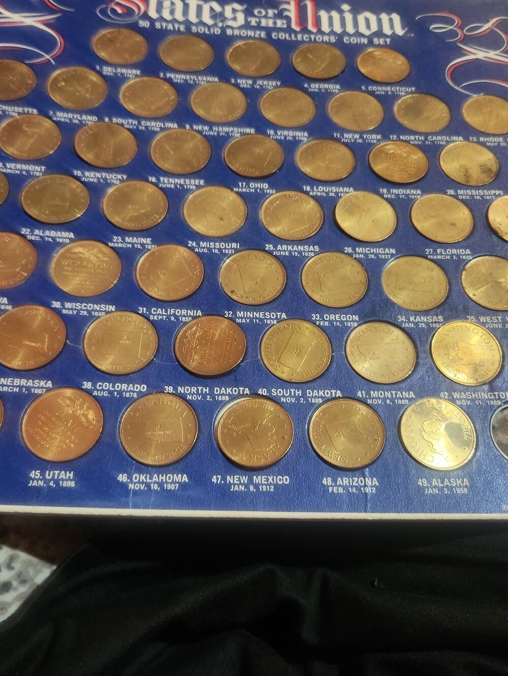 United States State Quarters Collector Display with Bronze Coins - Blue Board Mi